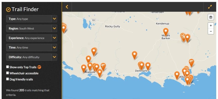TrailsWA search the Amazing South Coast map